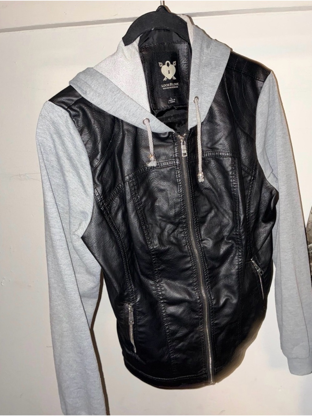 Black Faux Leather Jacket with Gray Hoodie - LUCKYBLOVE